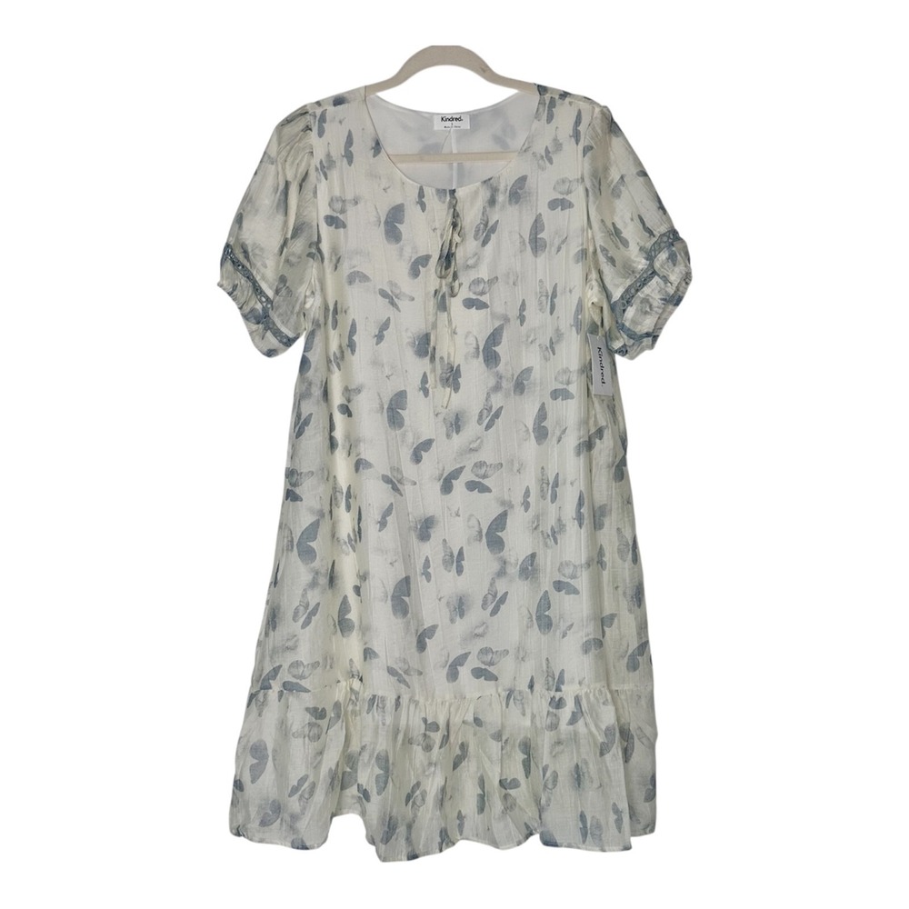 Kindred Size-L Dress White Blue Butterfly Knee Lenght Ruffle